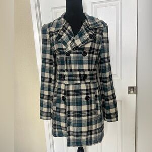 PEA COAT Wool blend, Turquoise, Cream & Black plaid design. No identifying tags.